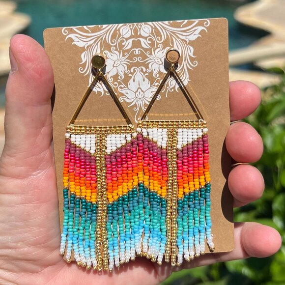 Handmade Beaded Egyptian Long Fringe Dangle Drop Lightweight Post Earrings - Picture 3 of 10